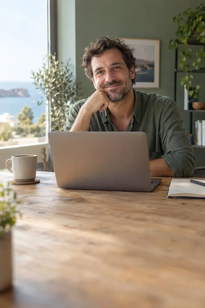 Entrepreneur souriant devant son ordinateur portable